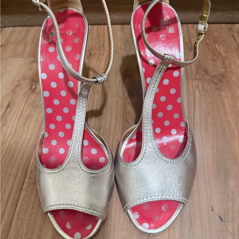 Christian Lacroix Gold T-Strap Heels with Pink Polka Dot Insole